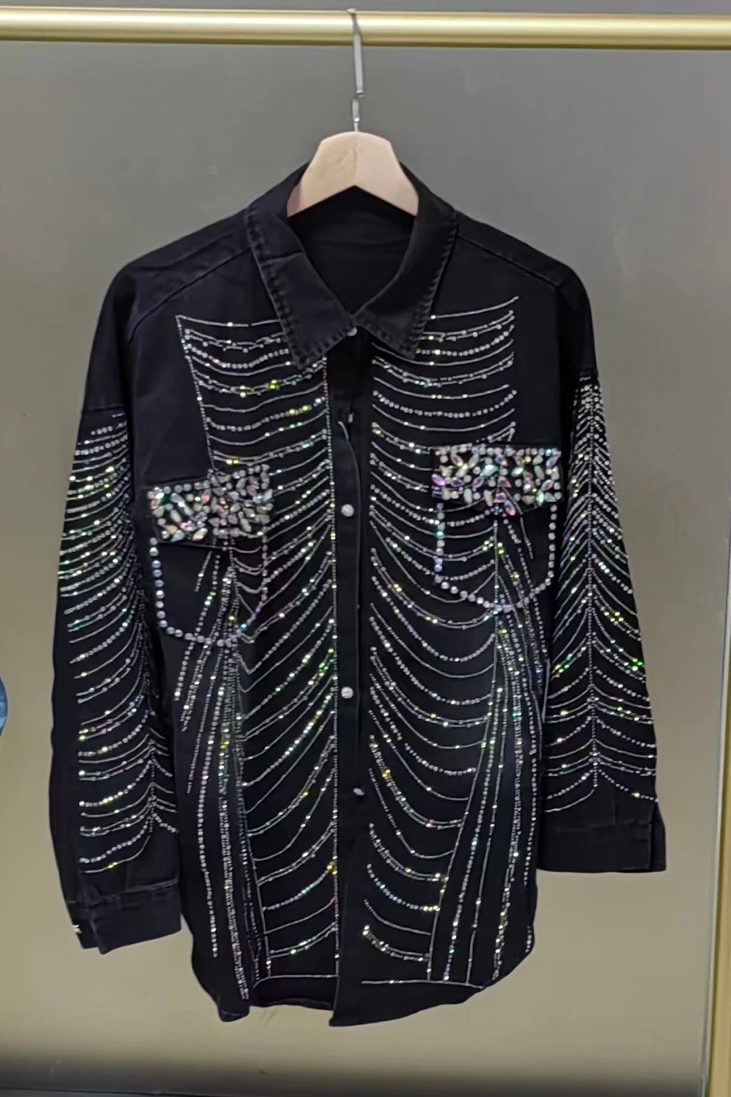 autumn sparkling striped diamond medium length black denim jacket for womens fashion trend jacket jeans jacket for womens clothing 250409