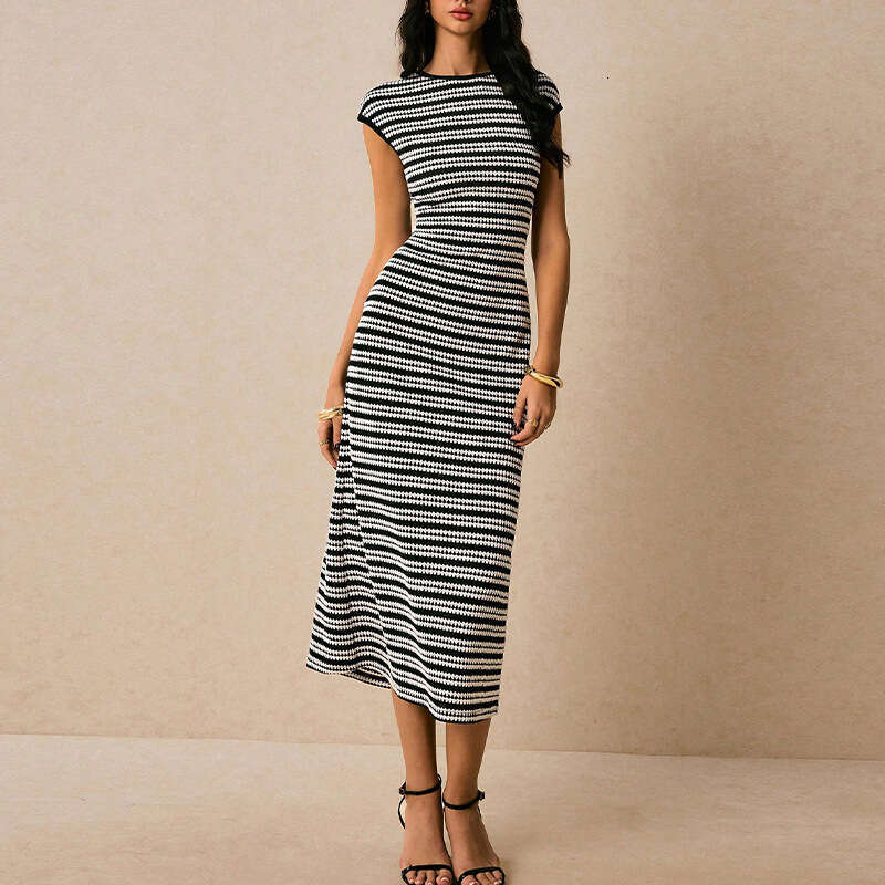 Cross-Border European and American Striped Knitted Slim Fit Slimming One-Step 2025 Autumn Foreign Trade Elegant Sleeveless Long Dress