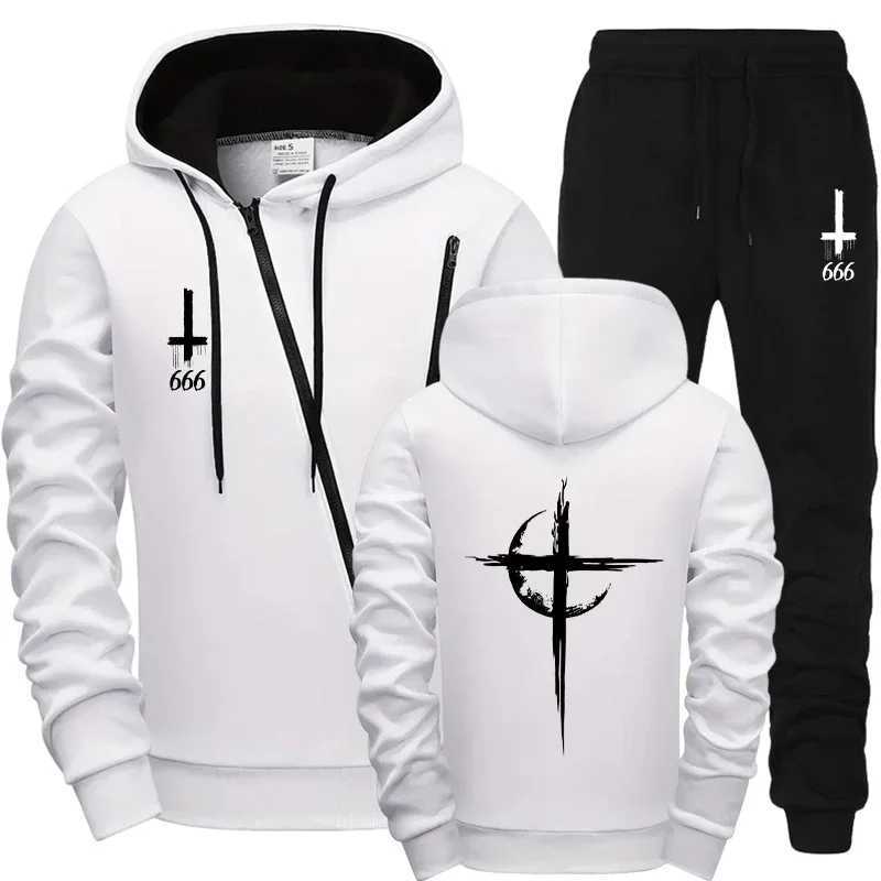 2025 Satan Cross Style Mens Tracksuit Diagonal Zipper Hoodie and Sweatpants Motorcycle Riding Outfit Urban Sweatshirt Streetwear W251110