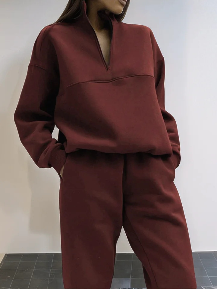 European and American Cross border AutumnWinter Fashion Zipper Collar Solid Color Casual Two Piece Set 251110