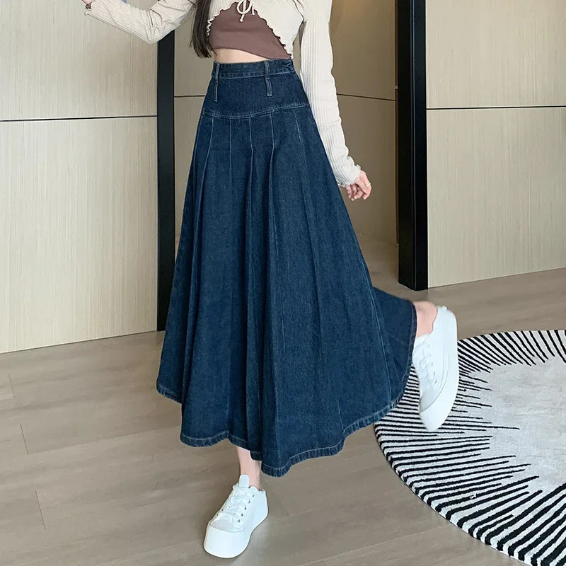 Chic Pleated Jeans Skirts SpringSummer High Waist Long Wash Womens Straight Loose Cowboy Midi 250410