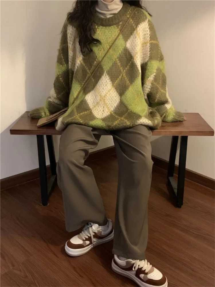 Fashion Retro Green Pullovers Women Cozy Minimalist BF Style Autumn Argyle Casual Harajuku Baggy Sweater Long Sleeve All-match Knitwear Y251110