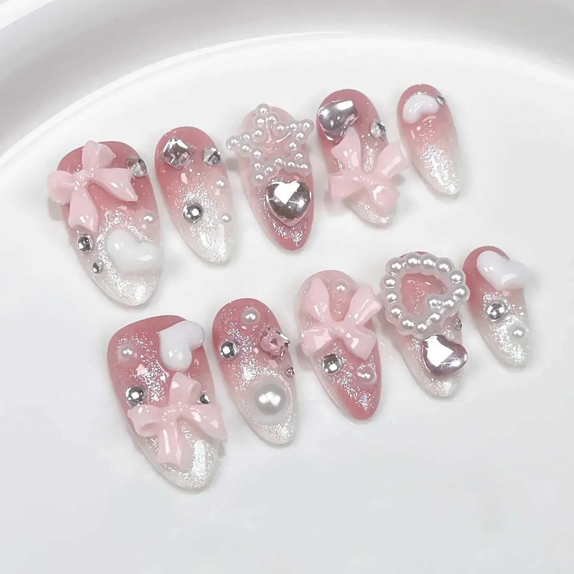 0Pcs pink almond hand pressed nail arch with rhinestone decoration wearable wand fake nails W250410