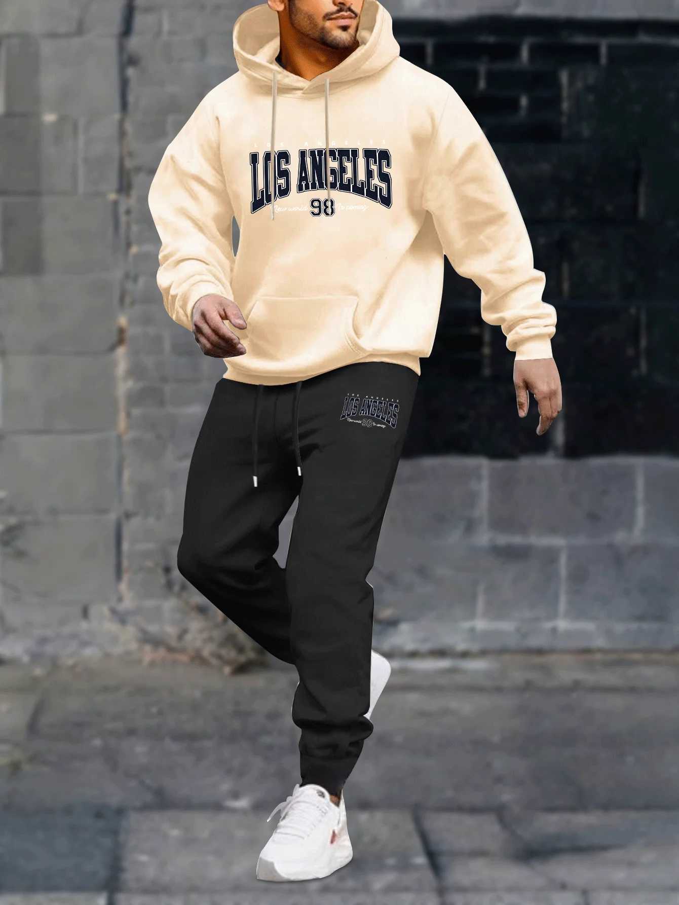 Mens 2-piece set casual round-neck long-sleeved hooded sweatshirt and sports pants jogging pants outfit for winter and autumn W251110