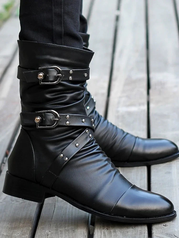 Mens Leather High Quality Mid Tube Boots Fashion Classic Autumn Winter Black Punk Rock Shoes Casual Men Womens Plus Size 38--48 251107