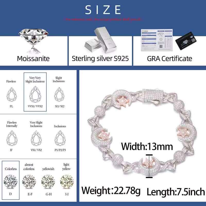 New Arrival Special Design 13mm Star Moon 925 Sterling Silver Moissanite Hip Hop Cuban Chain Bracelet