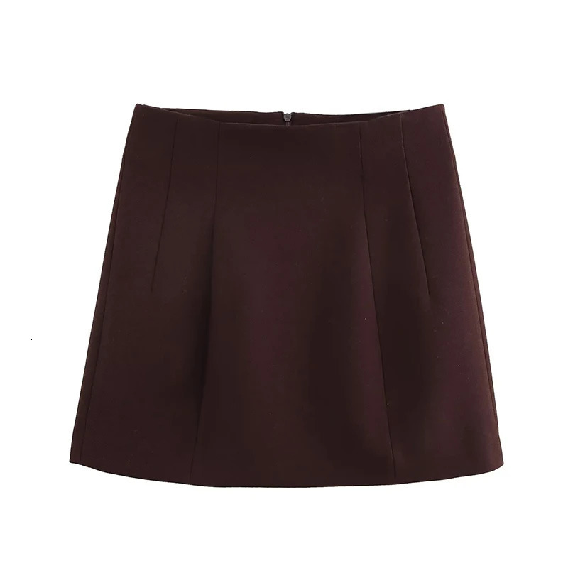 Willshela Womens Fashion Brown Folded Strap Zipper ALine Mini Skirt Retro High Waist Unique 250407