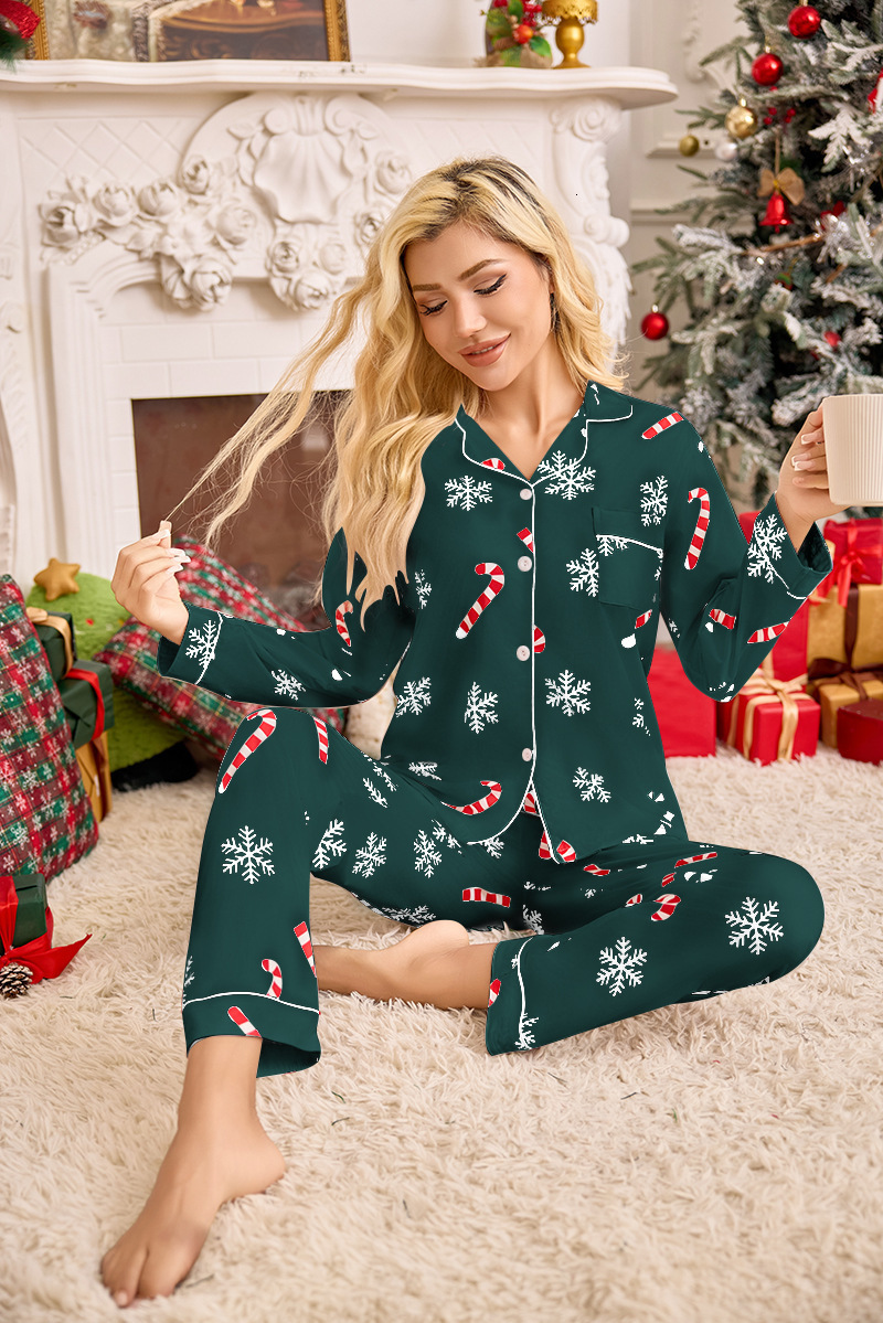 Women 2 Piece Christmas Pajama Set Long Sleeve Santa Claus Print Button Up Shirt Pants Set Loungewear for Winter Holiday 241031