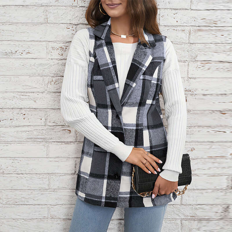 Cross-Border Foreign Trade Women's Clothing Jacket European and American Plaid Vest 2025 Spring Elegant Style Versatile Sleeveless Single-Breaste