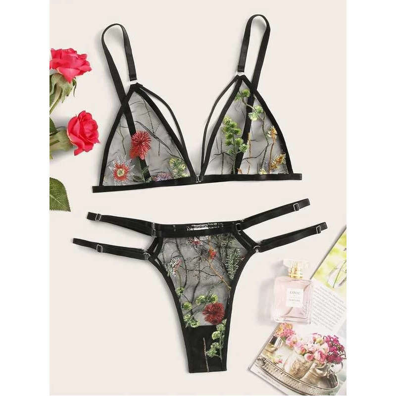 Lace Sexy Lingerie New Printed Mesh Three Point Sexy And Fun Set