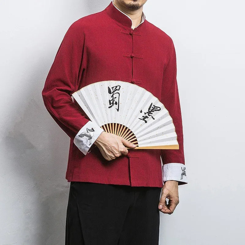 Crane Embroidery Top Traditional Chinese Clothing for Men Vintage Half Sleeve Linen Shirts Solid Madarin Collar Hanfu Kungfu 250408