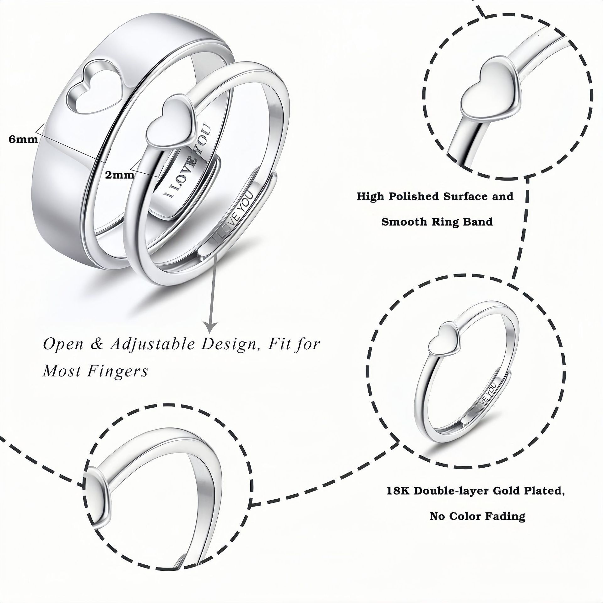Cross-border Fashion Ring Amazon New Hot-selling Couple Rings Heart-shaped Promise I Love You Designer Ring Accessories Rings Women's Valentine&#