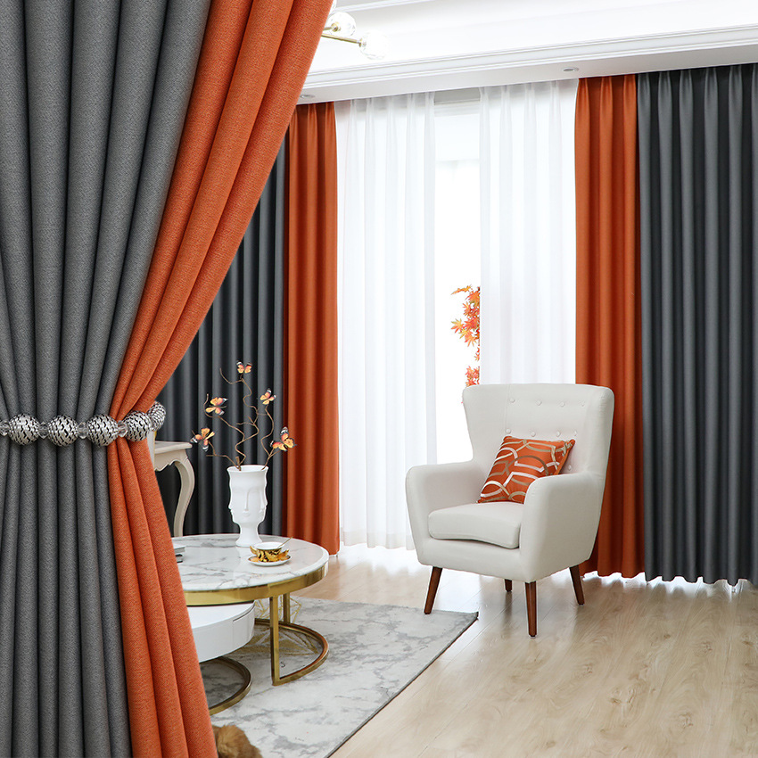 T0369 double-sided linen full blackout curtain cloth new Chinese style soundproof living room bedroom solid color splicing cotton and linen finished c