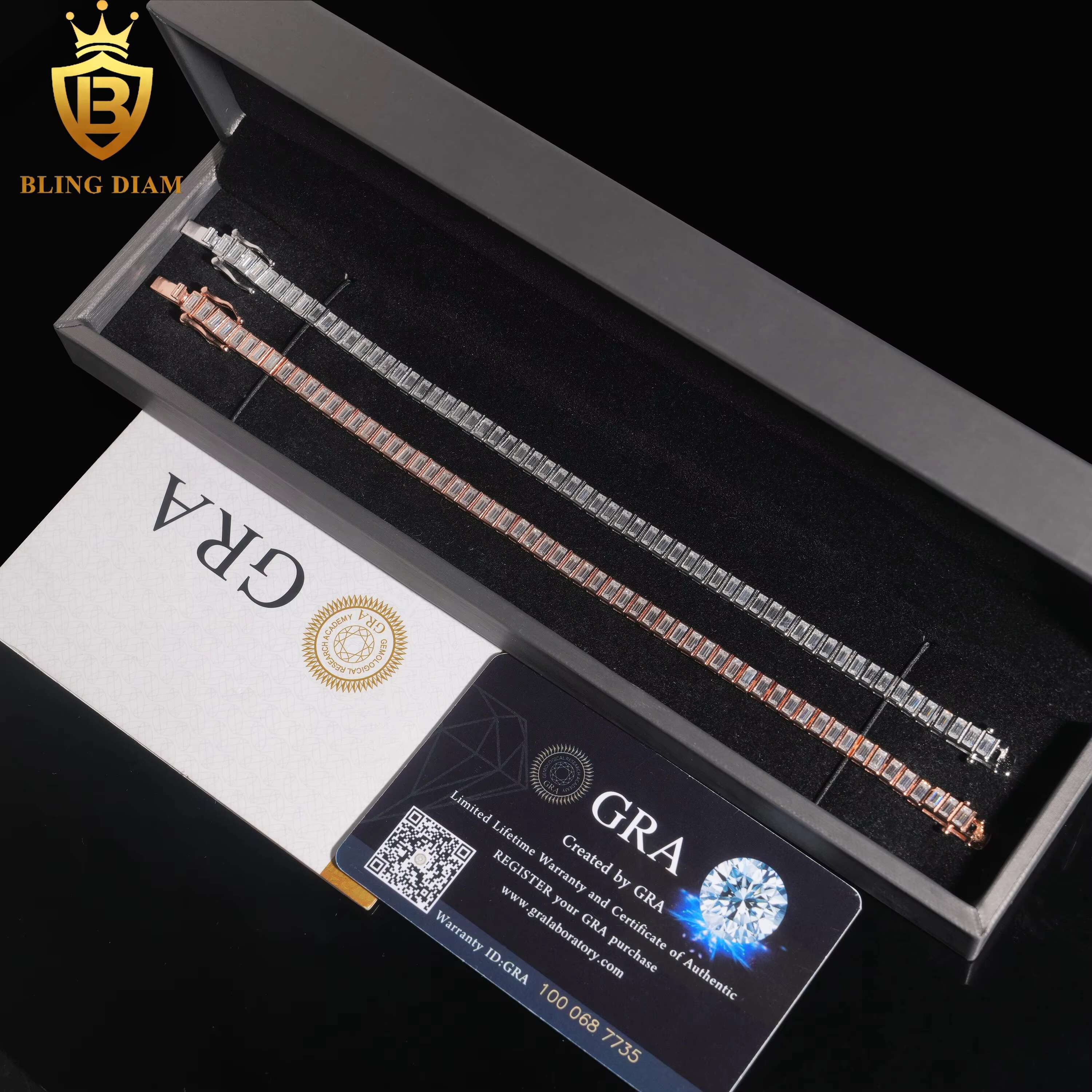 Fashion Jewelry 925 Sterling Silver VVS Moissanite Emerald 2x4mm Tennis Chain Bezel Bracelet