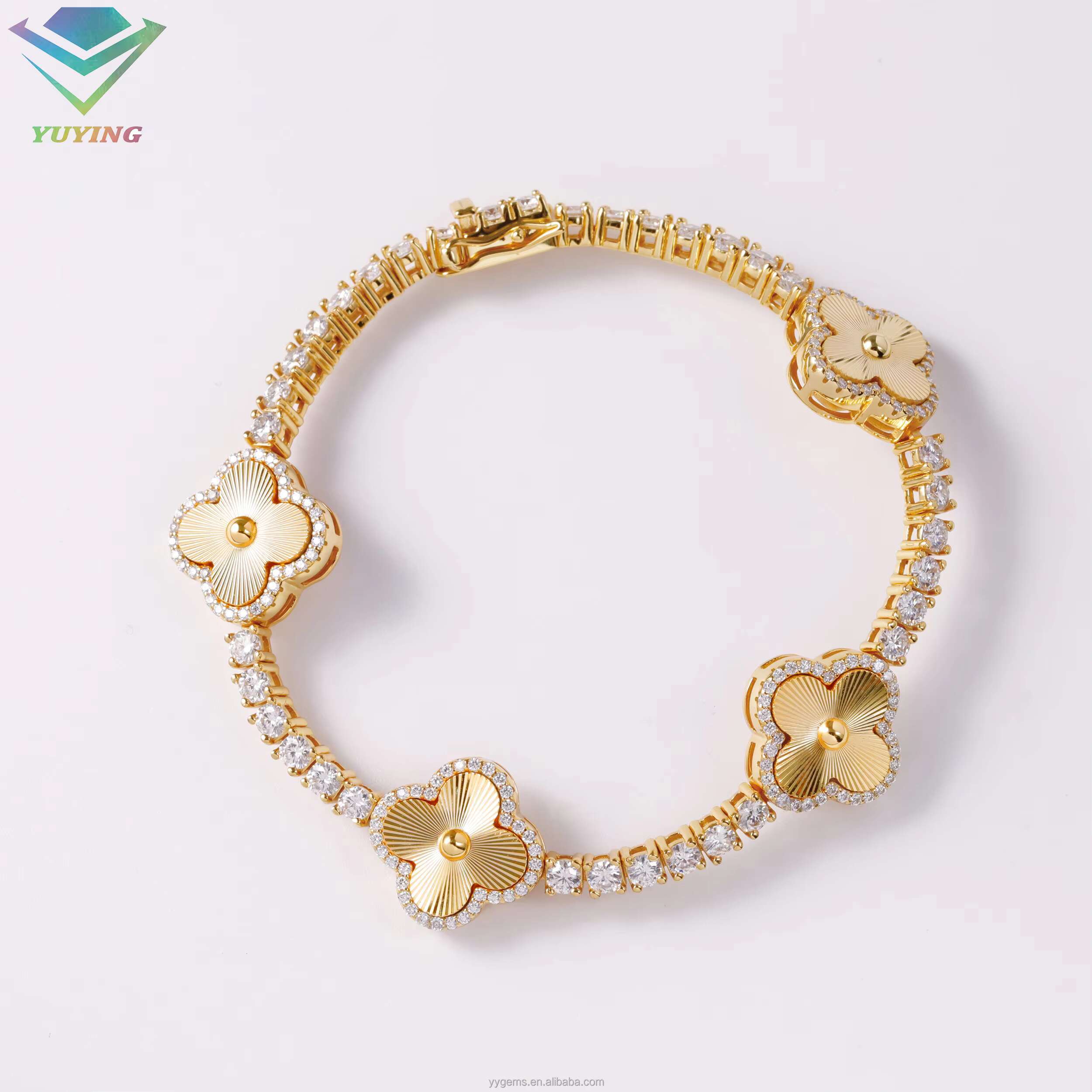 Fashion Four Leaf Gold Plated S925 Silver 3mm 4mm Mossanite Tennis Bracelet Laser Engraving Clover Tennis Chain Jewelry Bracelet