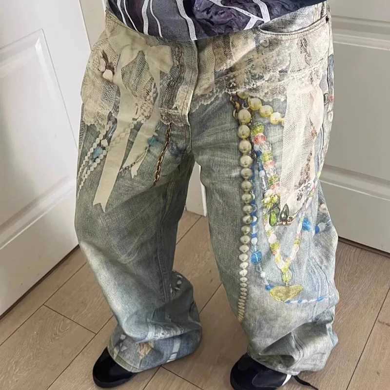 Korean Retro Printed Jeans 3d Chain Lace Pants High Waisted WomenS Jeans Straight Leg Pants Baggy Jeans Y2k C251110