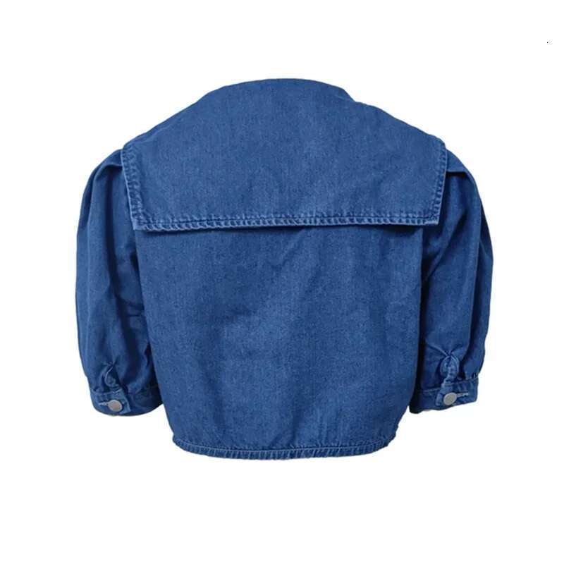 Women Sailor Neck Short Denim Jacket Summer Bubble Short-Sleeve Outerwear Single-Breasted Cardigan Coat Female Casual Streetwear