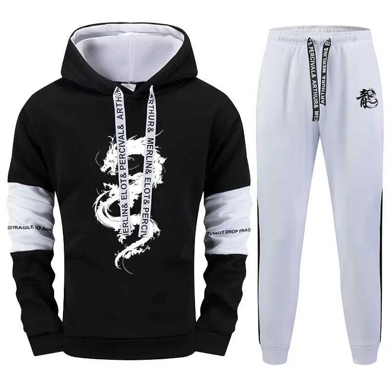 2025 New Arrival Mens Tracksuit 2 Piece Set Chinese Dragon Print Hoodie Sweatpants Fall Winter Daily Casual Sporty Jogging Suit W251110