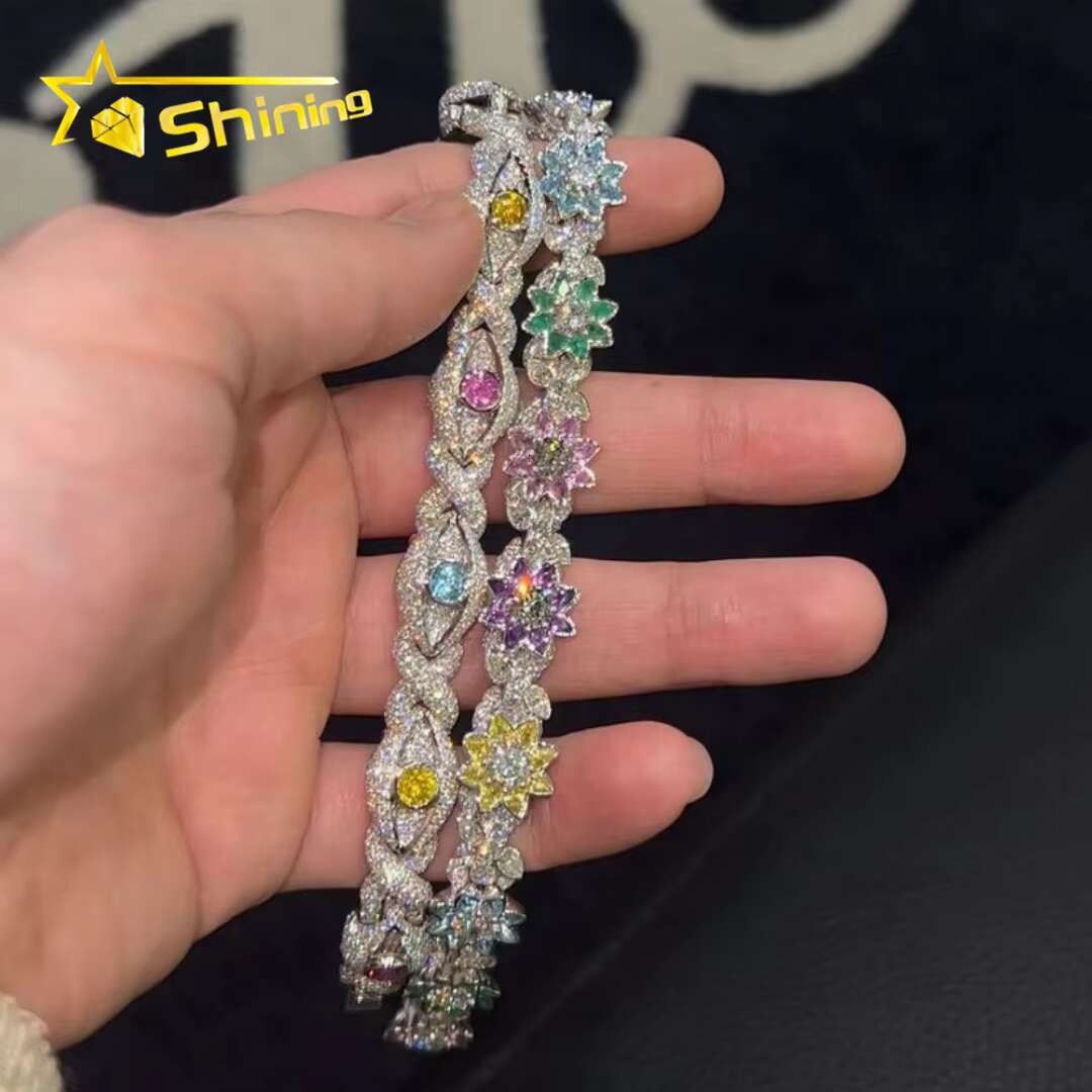 New Arrival Men Women Jewelry 925 Sterling Silver VVS Moissanite Diamond Iced Out Flower Evil Eye Cuban Bracelet
