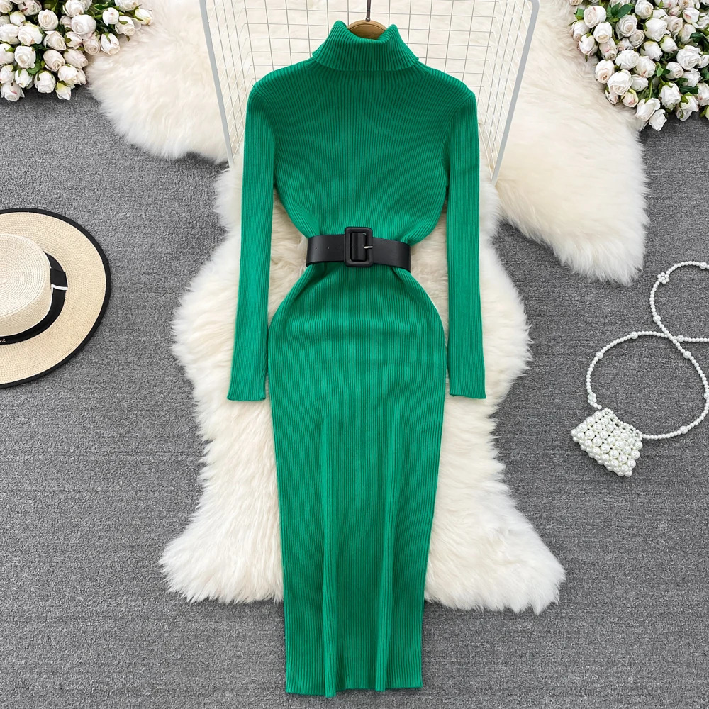 REALEFT Autumn Winter Turtleneck Womens Knitted Dresses with Belted Long Sleeve Elegant Bodycon Wrap Dress Female 251110