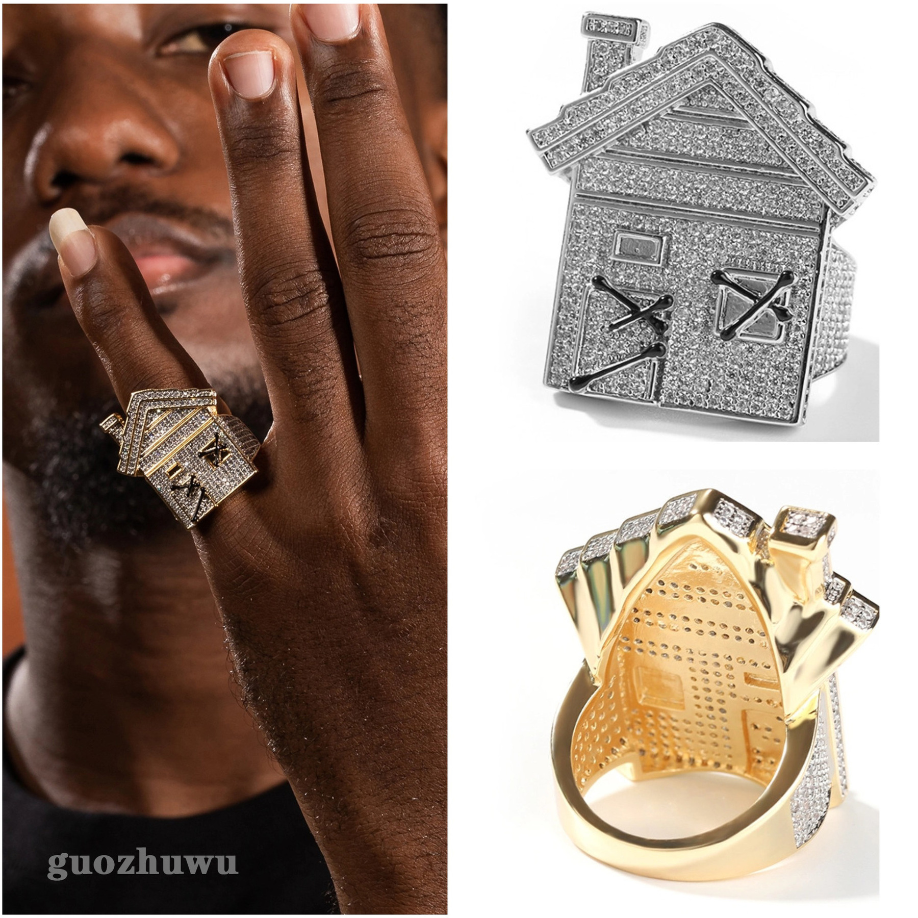 Fine Quality Trendy Niche House Finger Ring For Men Hip Hop 14k Real Gold Plated Full Iced Out Cubic Zirconia Rapper Mens Shiny Punk Rock Rings Bijoux