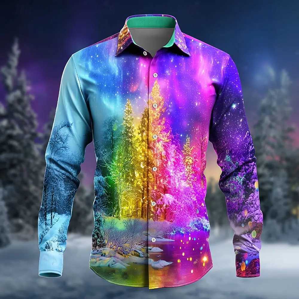 Fashion Mens Long Sleeve Shirt 2025 Christmas Tree Aurora Christmas Casaul Costume Shirt Streetwear Comfort Slim Fit Shirts K251110