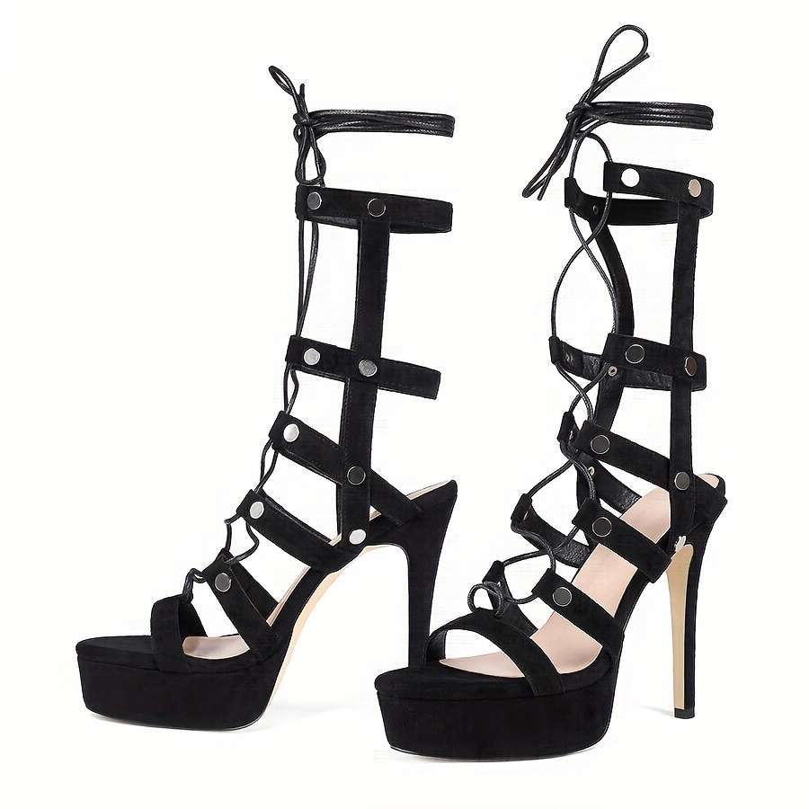 Elegant Black Lace-Up Sandals With Ankle Straps, Open Toe, And Rivet Embellishments - Sexy High Summer Comfort, Rubber Sole, Microfiber Inner, Perfect
