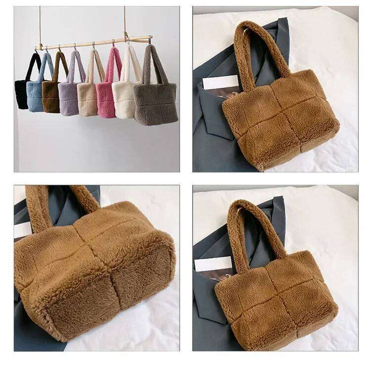 Faux Lamb Wool Casual Women's Shopping Tote Large Capacity Ladies Soft Plush Shoulder Bags Solid Color Female Furry Handbags