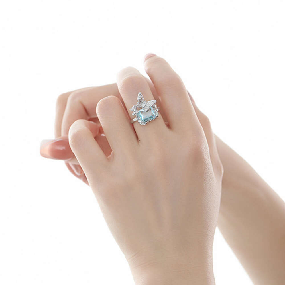 DHcollections Original Butterfly Blue Zircon for Women, Light Luxury, High-End Feel, Unique Niche Design, Open Index Finger Ring