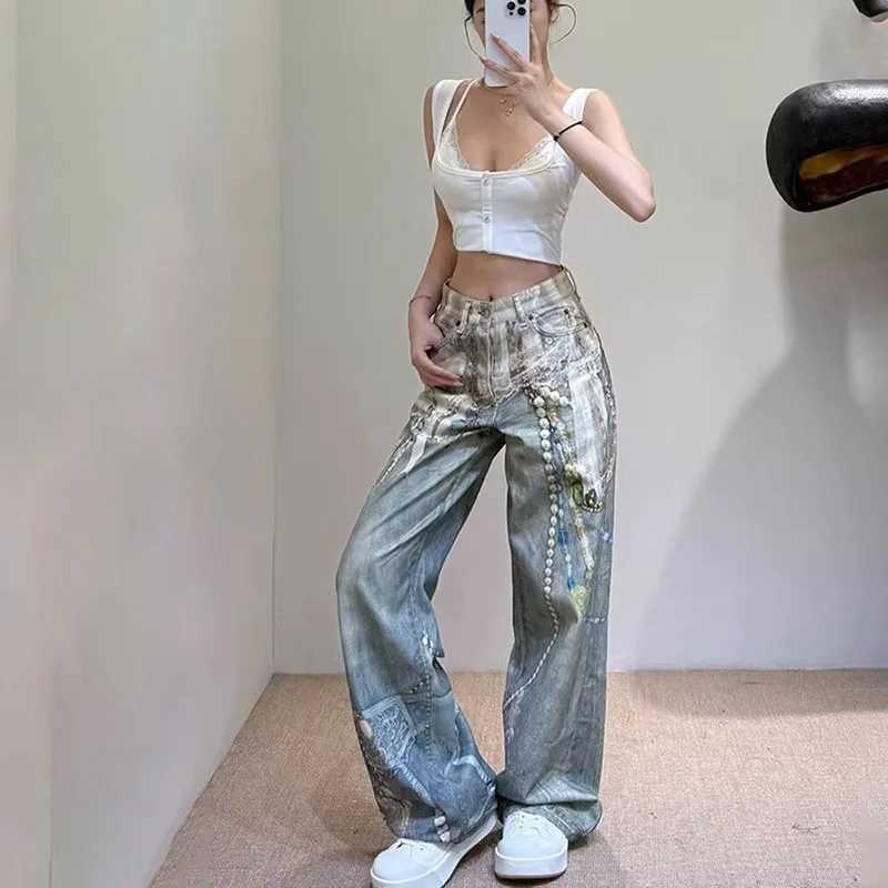 Korean Retro Printed Jeans 3d Chain Lace Pants High Waisted WomenS Jeans Straight Leg Pants Baggy Jeans Y2k C251110
