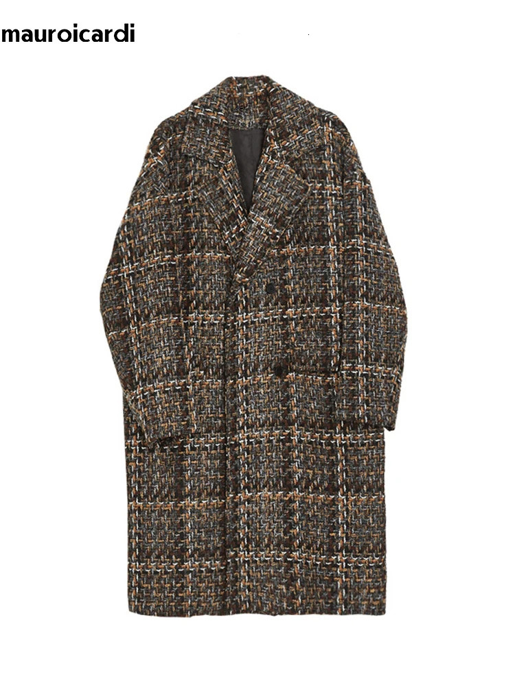 Mauroicardi Autumn Winter Loose Colorful Stylish Warm Tweed Woolen Coat Men Double Breasted Cool Clothes 251103