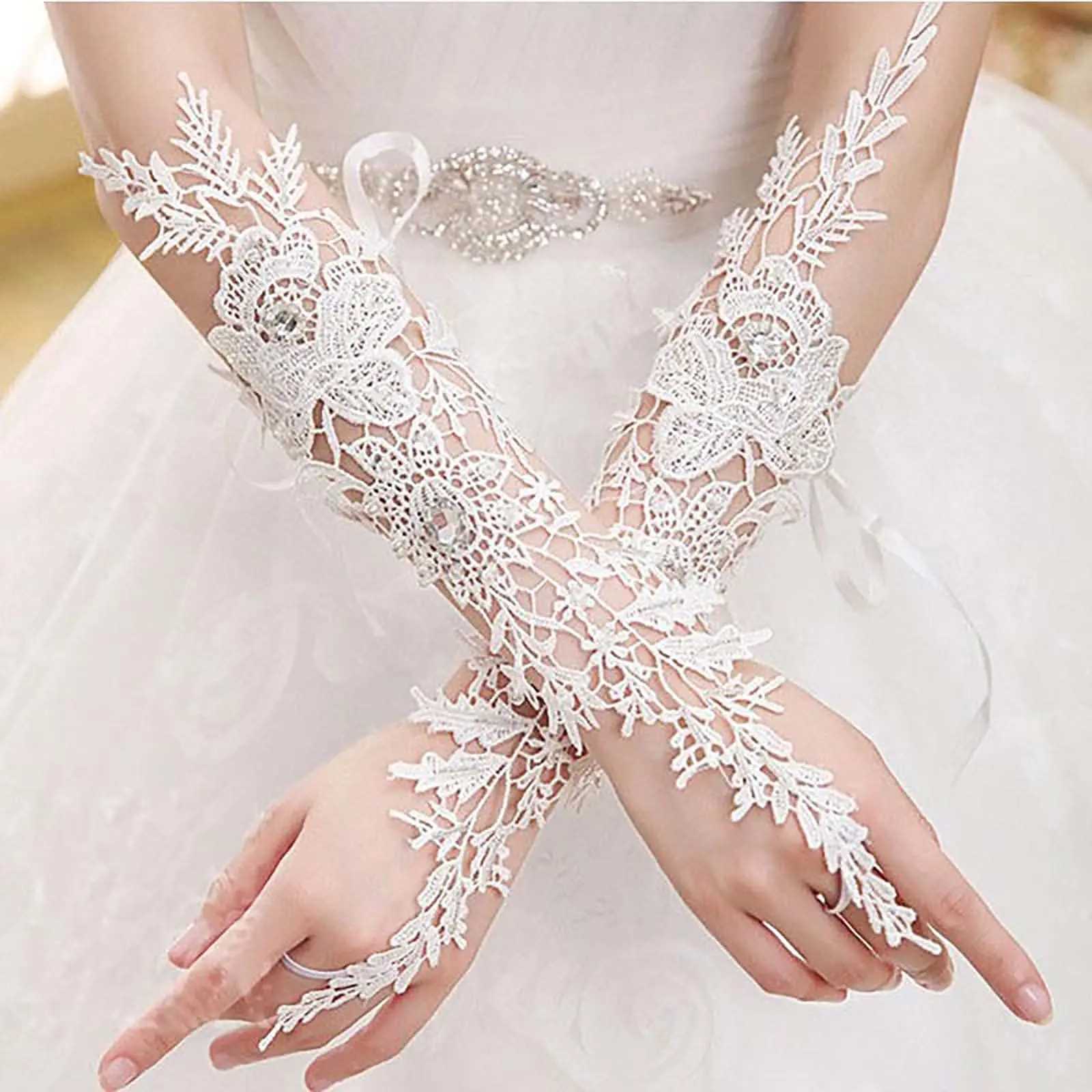 Lace Crystal Womens Wedding Gloves Fingerless Elbow Bridal Floral Ivory Long Accessory for Bride L2511101