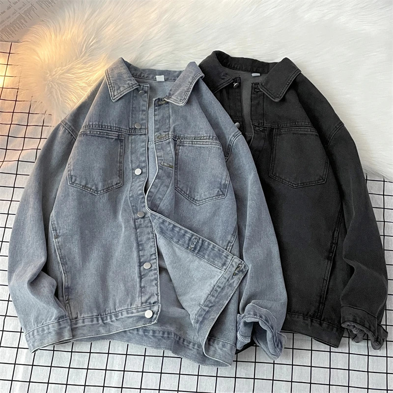 American High Street Fashion Solid Denim Jacket Men Spring Autumn Korean Blue Loose Tops Retro Long Sleeve Lapel Coat 250409
