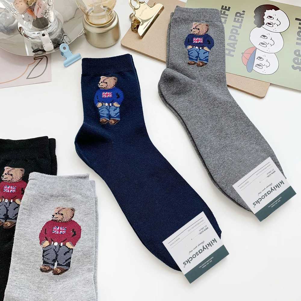 5 pairs of bear mens socks cotton cartoon gentleman Harajuku skateboarding spring and summer warm novel breathable socks Christmas gift X250410
