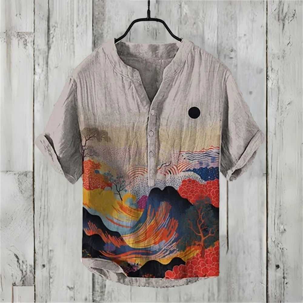 Summer mens short sleeved shirt linen printed shirt European and American popular elements octopus printed shirt X250410