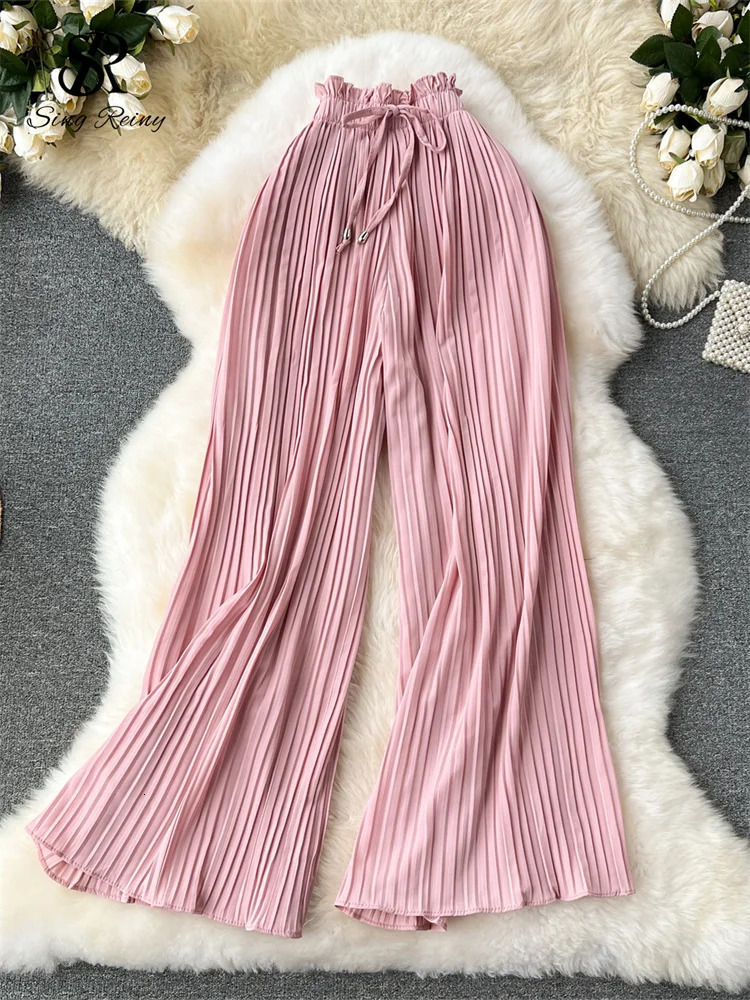 SINGREINY Bandage Basics Casual Pants Women Summer Oversize Draped Wide Legs Pants High Waist Solid Long Pleated Trousers 250409