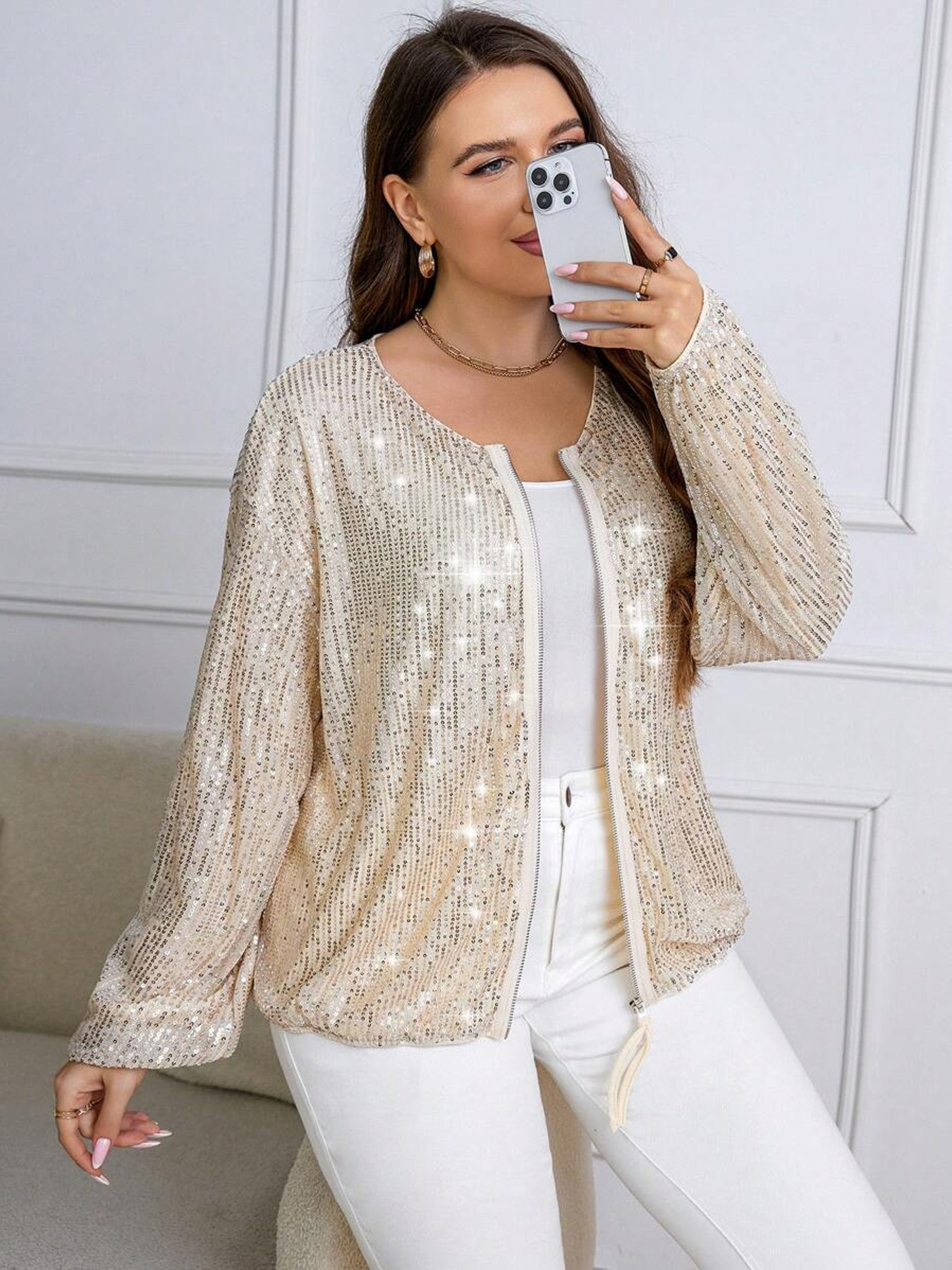 Women's Sequin Baseball Jacket, Zip-Up Casual Daily Commute Coat, Apricot----D362