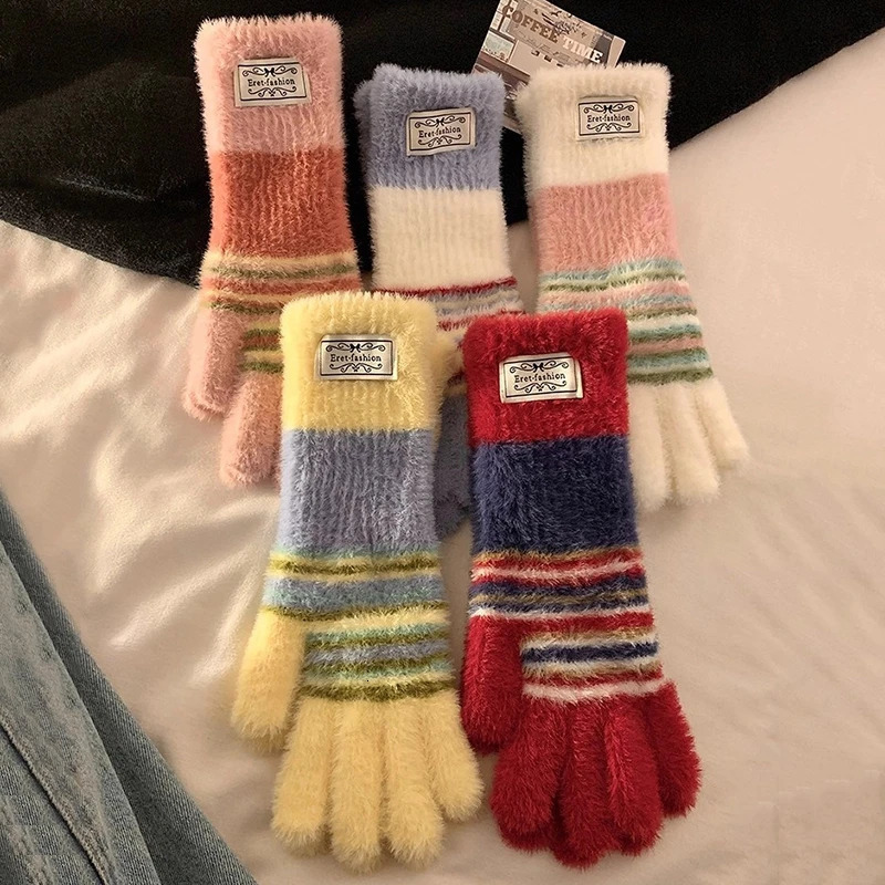 Korean Style Colorful Striped Girls Gloves Winter Warm Knitted Plush Women Gloves Outdoor Five-fingered Gloves Can Touch Screen 251106