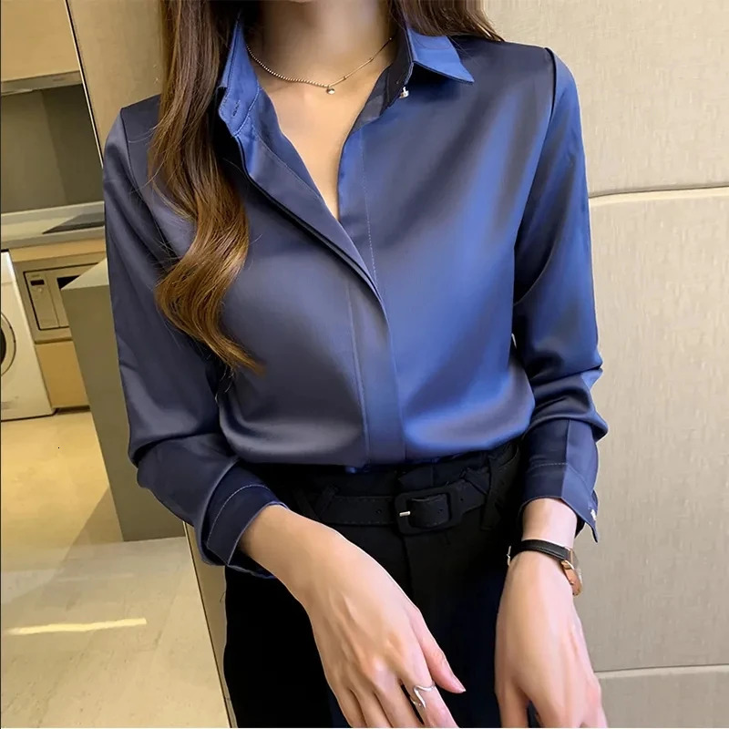 Satin womens retro long sleeved shirt womens silk elegant womens top decoration white shirt autumn womens clothing 250409