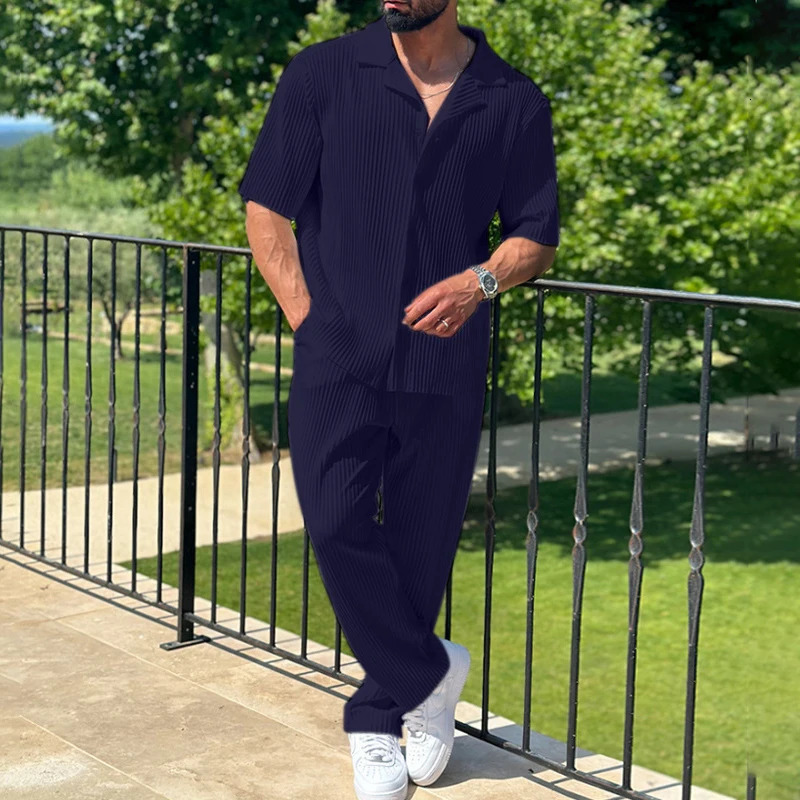 Spring and summer fashion mens two-piece casual solid color short sleeved ribbed shirt and pants set mens streetwear set 250410