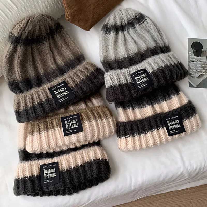 RICYGVM Fashion Stripe Knitted Hat For Women Ear Protection Skullies Cap Unisex Winter Warm Crochet Bonnet Thicken Woolen BeanieXJ251110