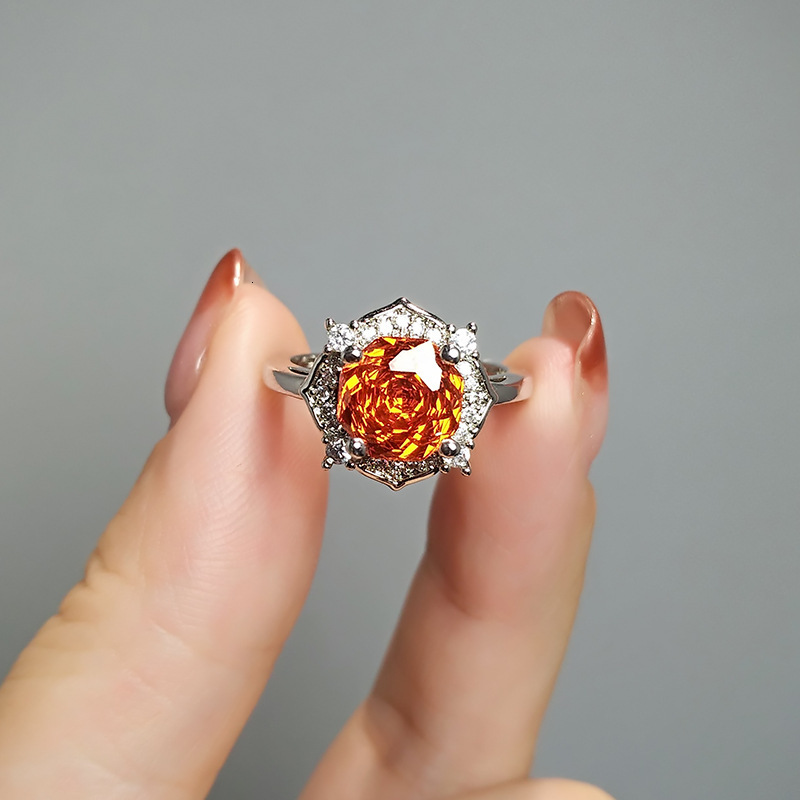 Hot Selling Six Sided Cut Rose Ruby Ring Light Luxury And Super Shiny Designer Ring Ice Flower Fashion Ring High Carbon Imitation Yellow Crystal Pink 