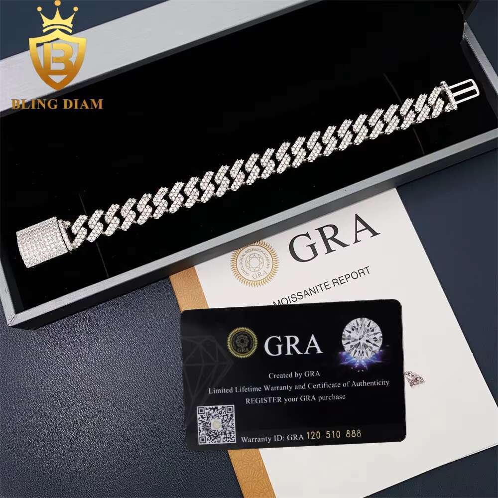 12.3mm Hip Hop Jewelry 925 Sterling Silver VVS Diamond Moissanite Iced Out Cuban Link Chain Bracelet Necklace