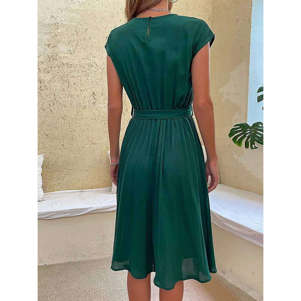 Elegant Women Summer Casual Beach Sundress Short Sleeve Pleated Midi Dress Soild Colour O Neck Tunic Dresses Fashion