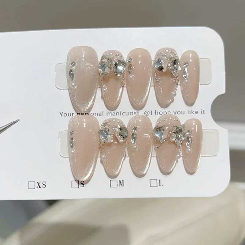 0pcs Cat Eye French Short Almond Handmade Fake Nails with Diamond Decorative Design Simple and Fashionable Pressing Fake Nails W250410