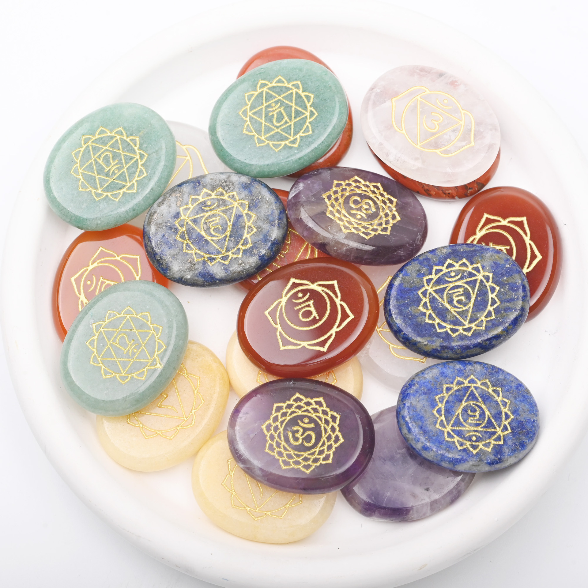 Seven pieces in a group. Colorful natural crystal agate seven-petal stone, elliptical palm-shaped stone, engraved character energy stone.