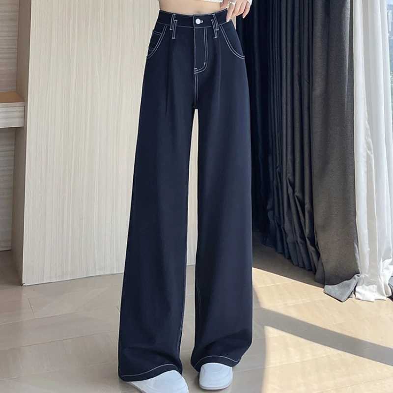 2025 New Autumn Vintage Denim Casual Loose Womens Wide Leg Pants High Waist Solid Female Straight Office Full Length Trousers C251110