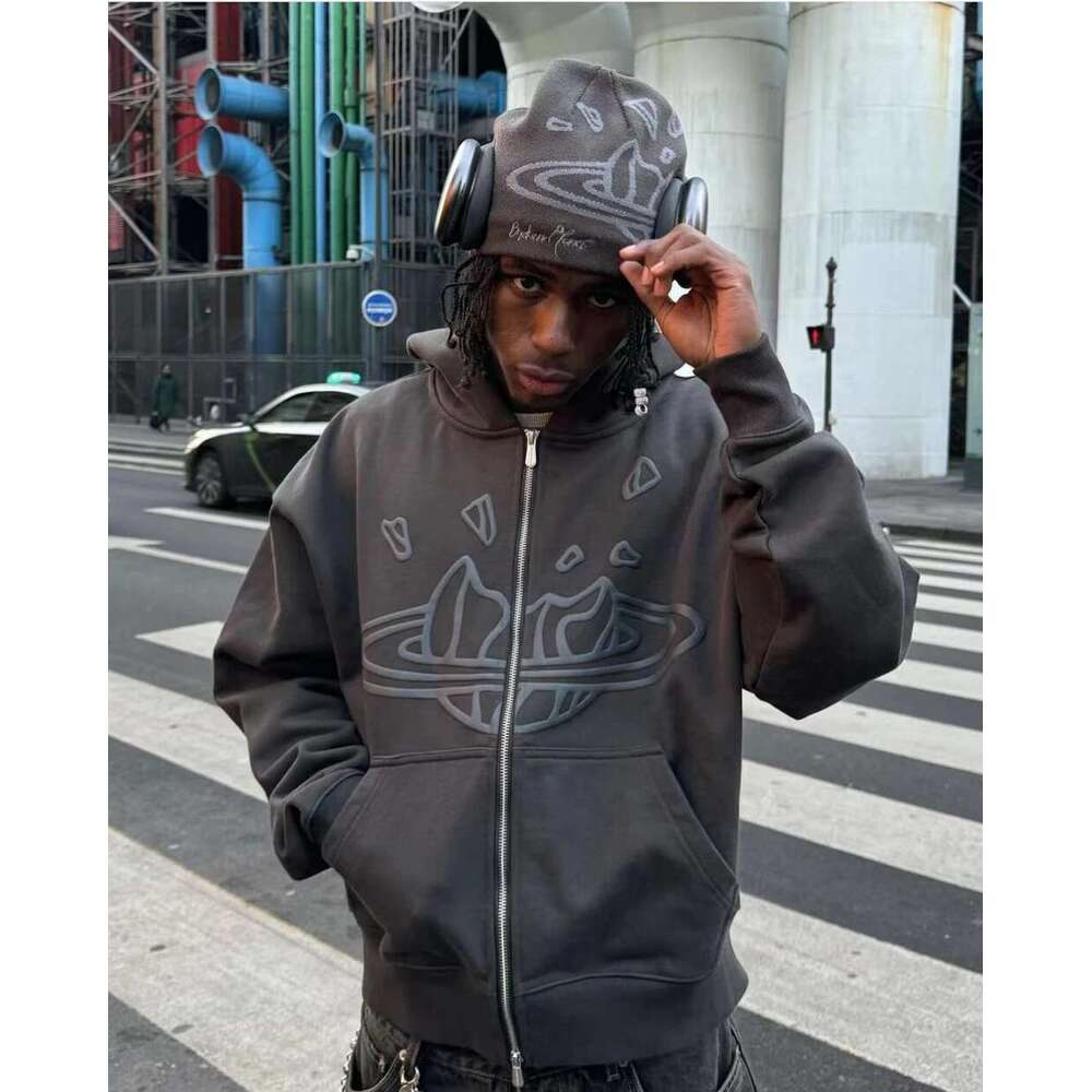 Yao Fashion Broken Brand Foam Print Zipper Casual Streetwear Tops Clothing Oversize Hooded Fleece Vintage Jacket Coat For Men