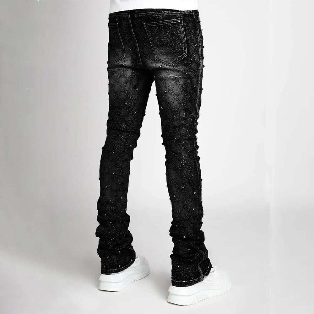 Stretchy Pearls Skinny Jeans For Men 2024 New Fashion Rhie European Street Personality Stacked Denim Pants