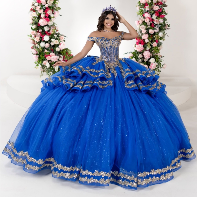 Royal Blue Shiny Quinceanera Dresses Off The Shoulder Applique Lace Beading Crystal Tull Party Birthday Sweet 16 Dress Vestidos 15 Anos